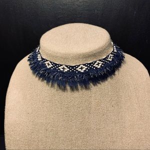 Fringed Navy & Ivory Aztec Textile Choker
